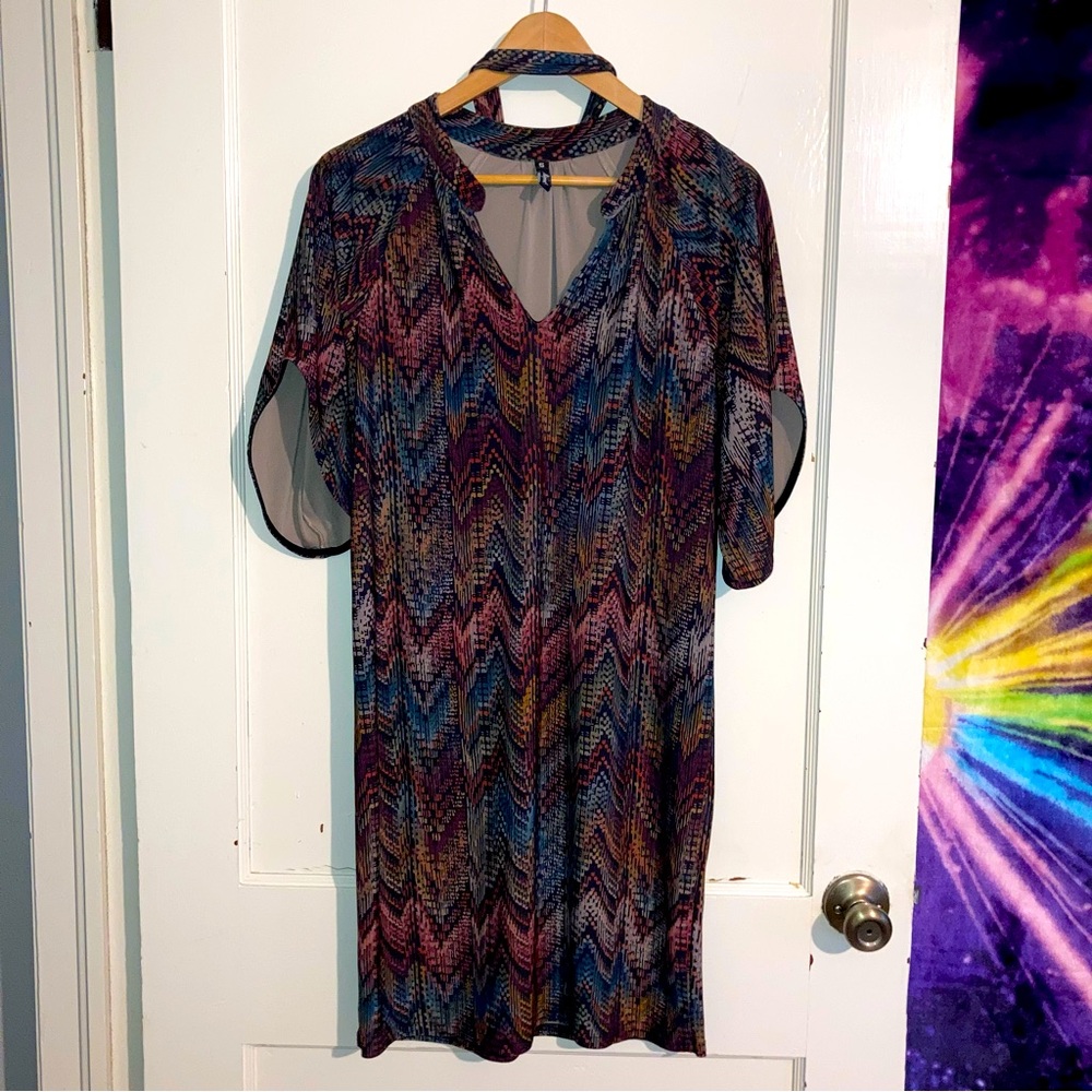 Viereck Multicolor Chevron Print Microfiber Dress w/ Matching Scarf Belt size S